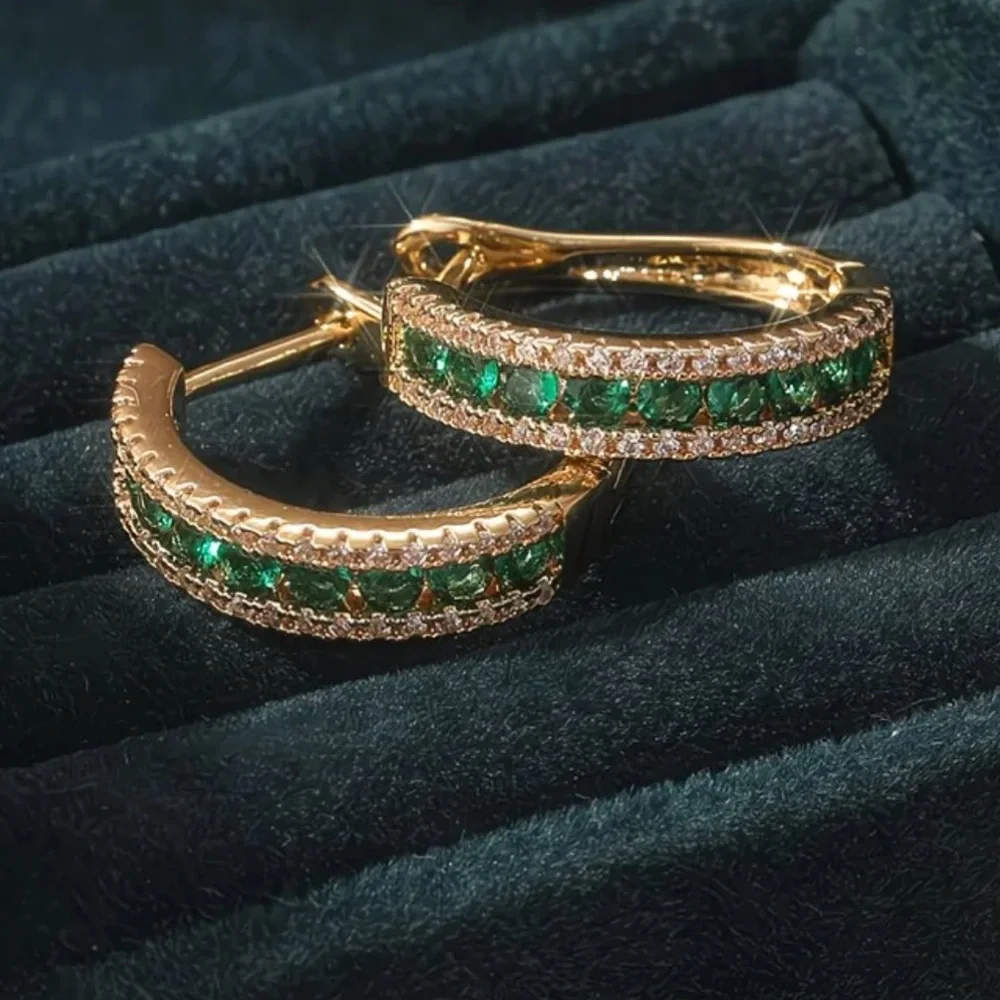 💚 Emerald Green CZ Gold Hoop Earrings Crystal Pave Luxe Statement